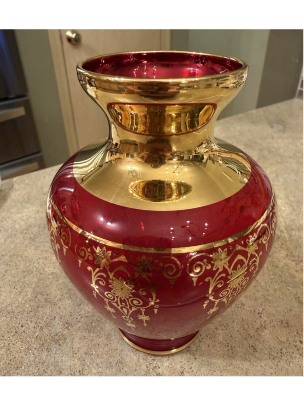 Vecchia Murano Small Red/Gold Floral Glass Vase w/ Lid Marked 3.5x5in